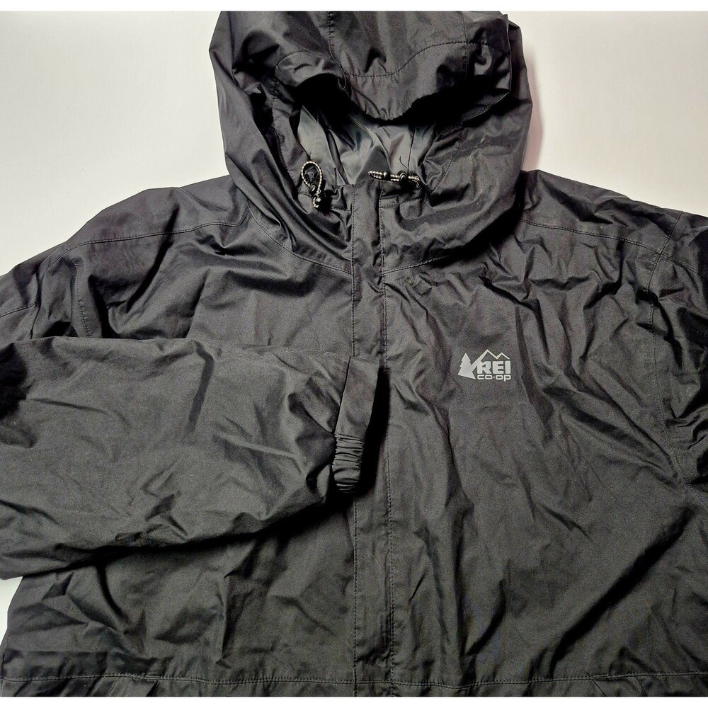 REI Co-op Trailmade Rain Jacket Mens Large Black Waterproof Hooded Shell 217438